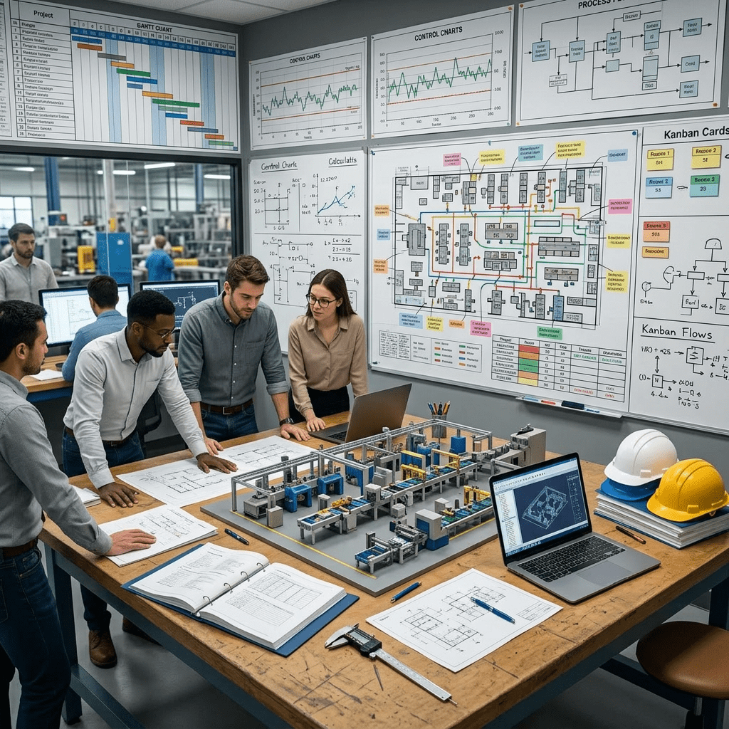 Team discussing factory model with workflow charts and blueprints